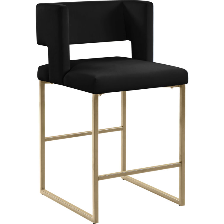 Caleb 26'' Luxurious Black Velvet Counter Stool with Gold Iron Legs