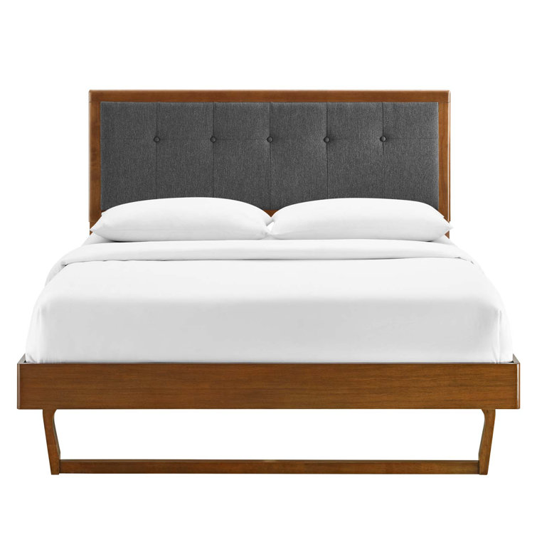 Mid-Century Walnut Charcoal Tufted King Platform Bed with Slats