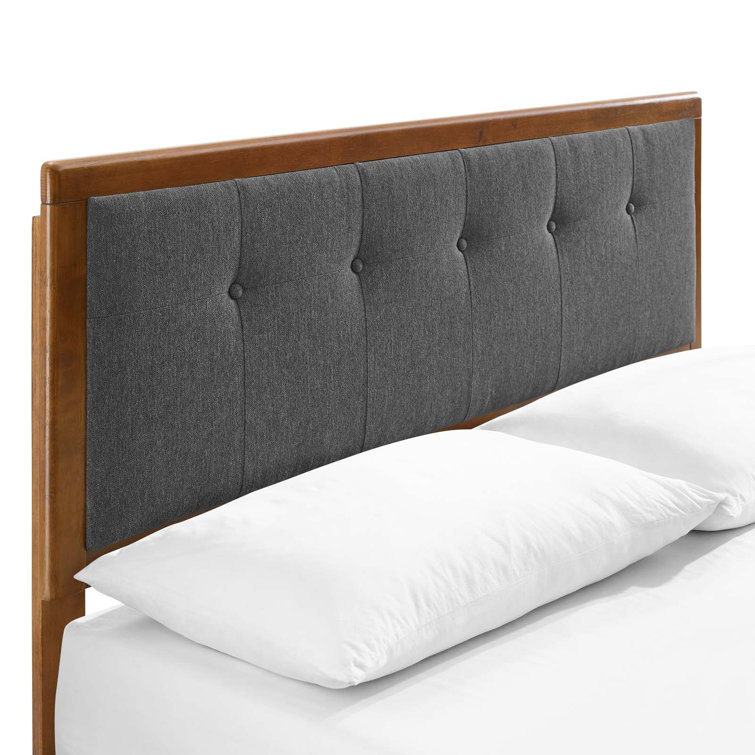 Mid-Century Walnut Charcoal Tufted King Platform Bed with Slats