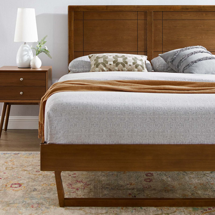 Marlee Mid-Century Twin Platform Bed in Walnut with Wood Slats