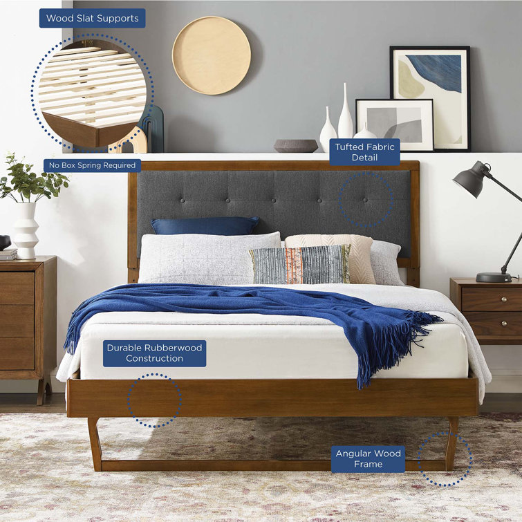 Mid-Century Walnut Charcoal Tufted King Platform Bed with Slats