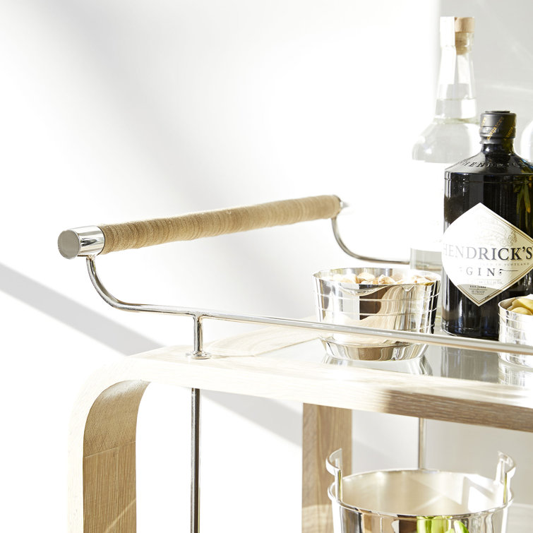 Bleached Wood Oval Bar Cart with Storage and Leather Handle