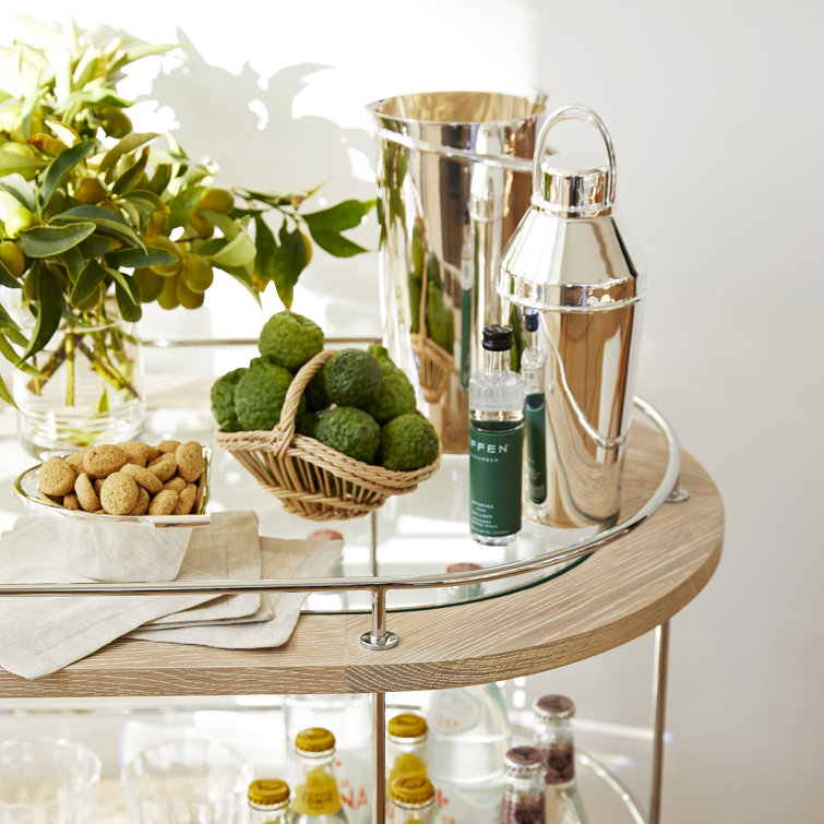 Bleached Wood Oval Bar Cart with Storage and Leather Handle