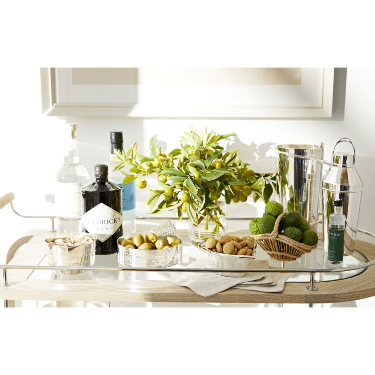 Bleached Wood Oval Bar Cart with Storage and Leather Handle