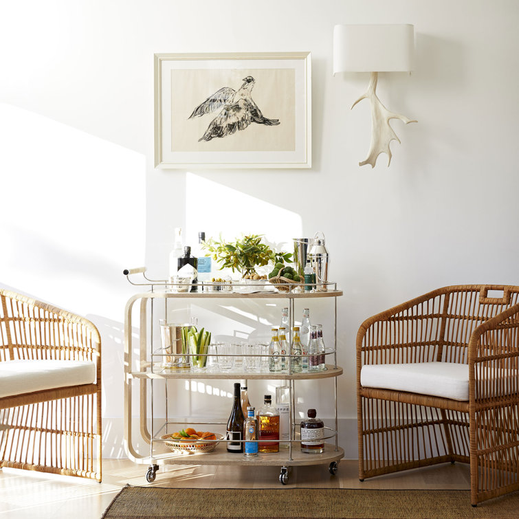 Bleached Wood Oval Bar Cart with Storage and Leather Handle