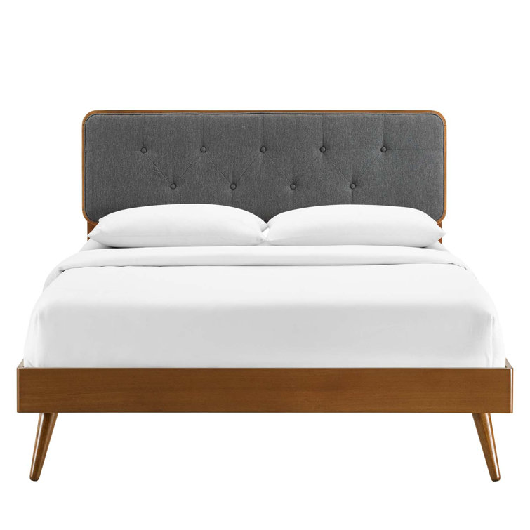 Walnut Charcoal Twin Wood Platform Bed with Upholstered Headboard