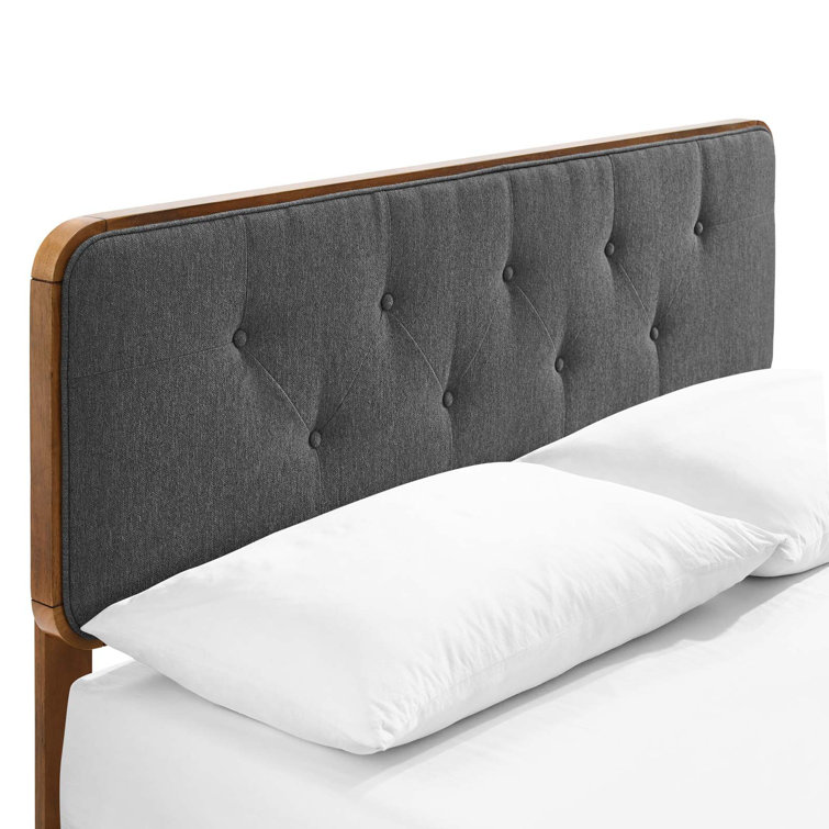 Walnut Charcoal Twin Wood Platform Bed with Upholstered Headboard