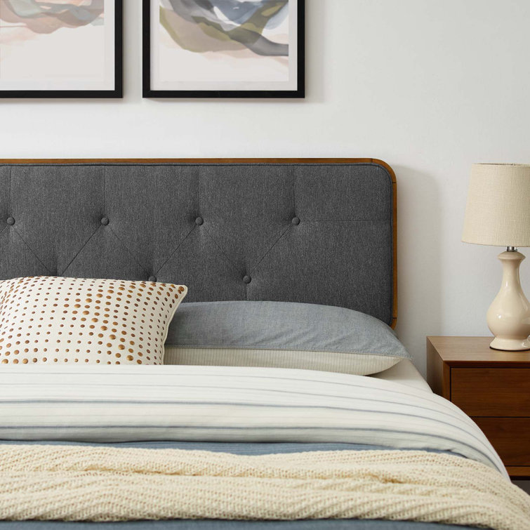 Walnut Charcoal Twin Wood Platform Bed with Upholstered Headboard