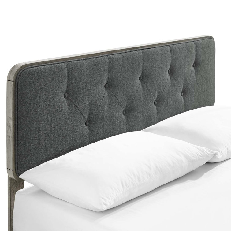 Walnut Charcoal Twin Wood Platform Bed with Upholstered Headboard