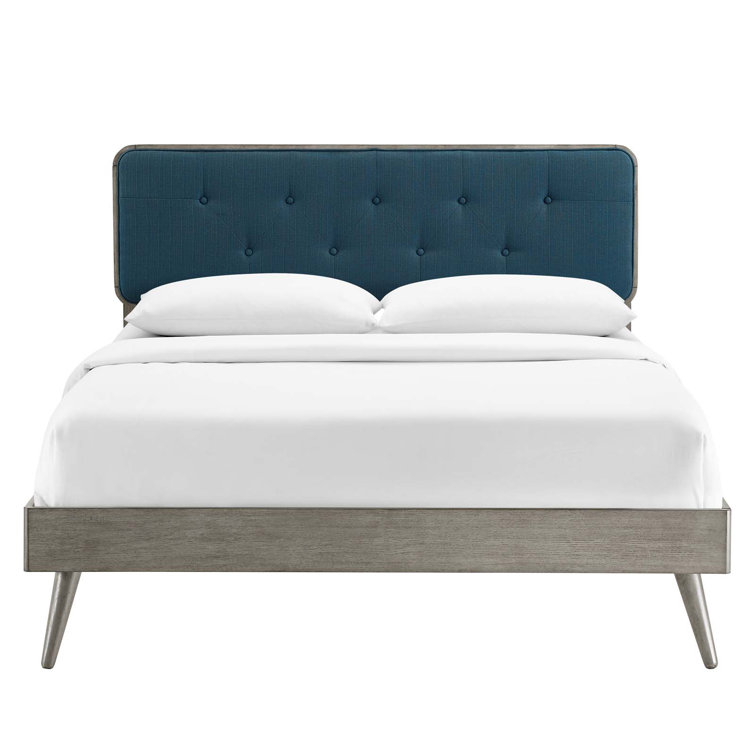 Walnut Charcoal Twin Wood Platform Bed with Upholstered Headboard