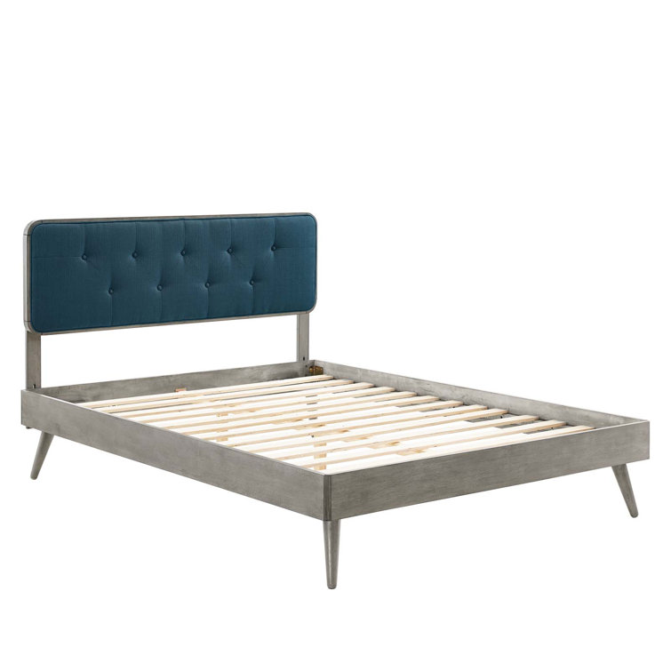 Walnut Charcoal Twin Wood Platform Bed with Upholstered Headboard