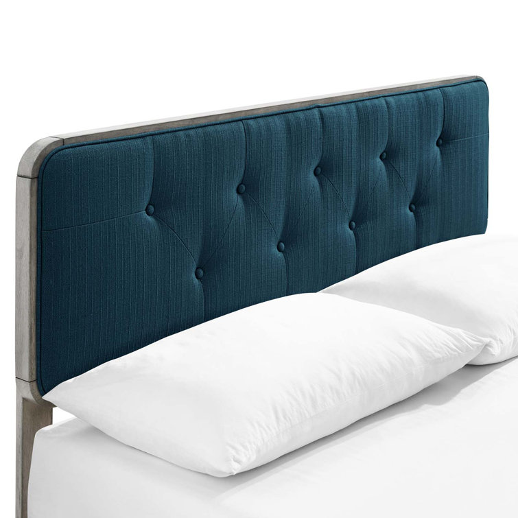 Walnut Charcoal Twin Wood Platform Bed with Upholstered Headboard
