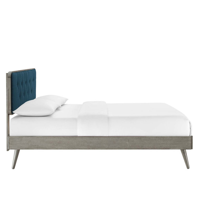 Walnut Charcoal Twin Wood Platform Bed with Upholstered Headboard