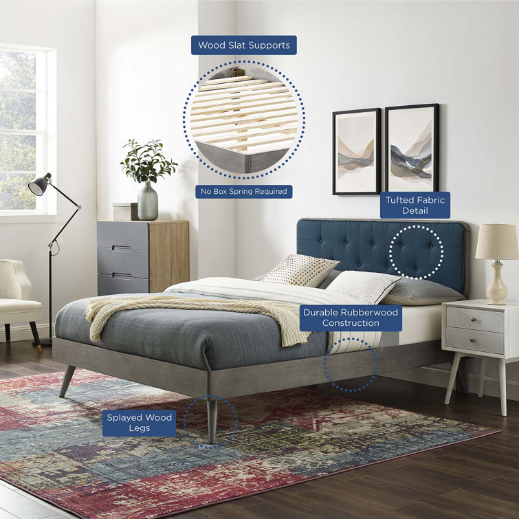 Walnut Charcoal Twin Wood Platform Bed with Upholstered Headboard