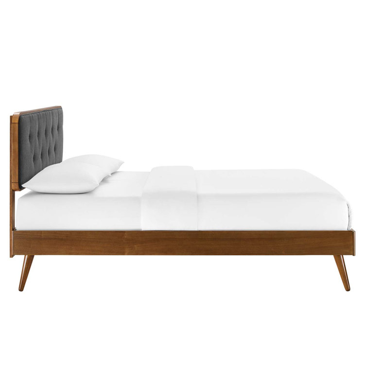 Walnut Charcoal Twin Wood Platform Bed with Upholstered Headboard