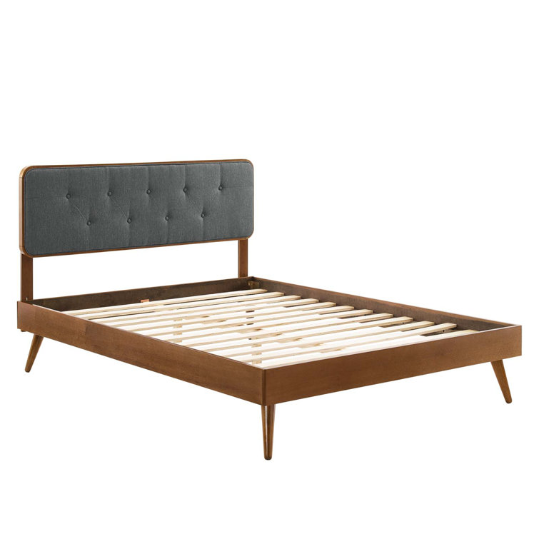 Walnut Charcoal Twin Wood Platform Bed with Upholstered Headboard