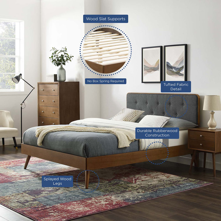 Walnut Charcoal Twin Wood Platform Bed with Upholstered Headboard