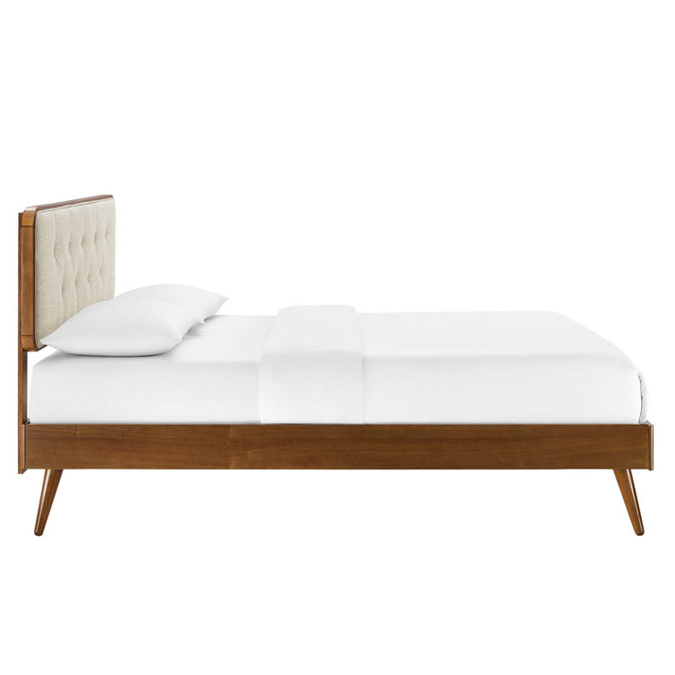 Walnut Charcoal Twin Wood Platform Bed with Upholstered Headboard