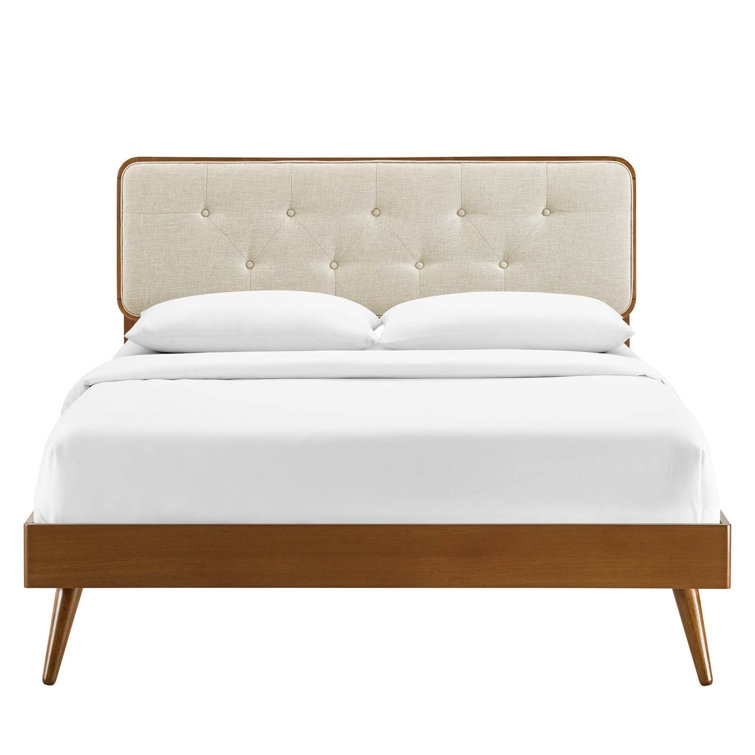 Bridgette King Walnut Beige Tufted Upholstered Wood Platform Bed