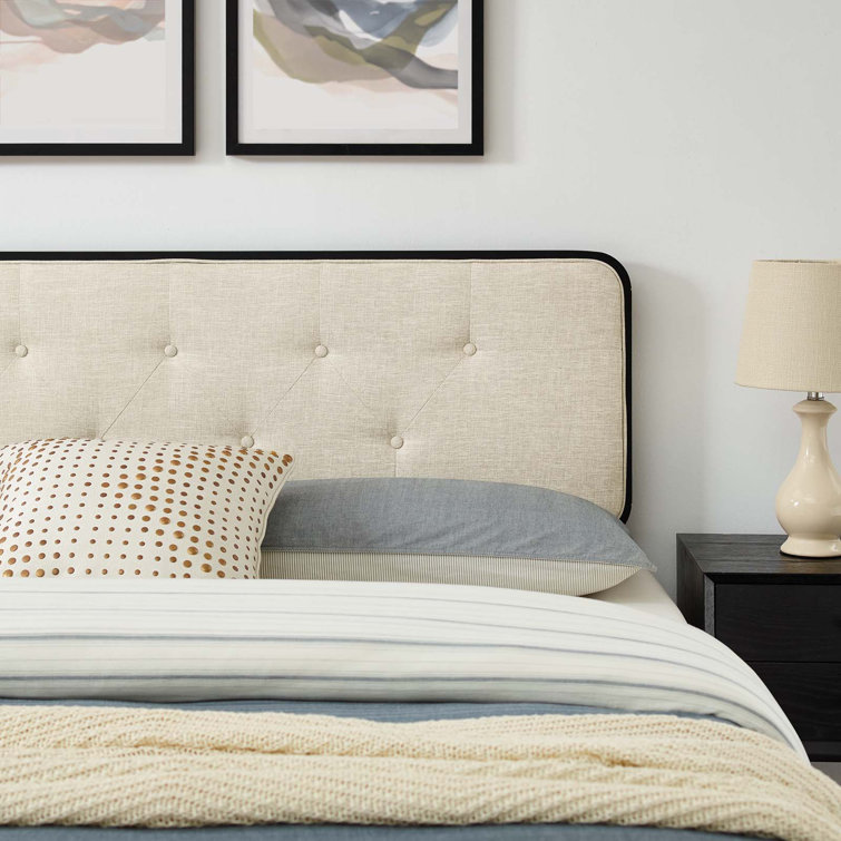 Black and Beige Full Upholstered Wood Platform Bed with Tufted Headboard