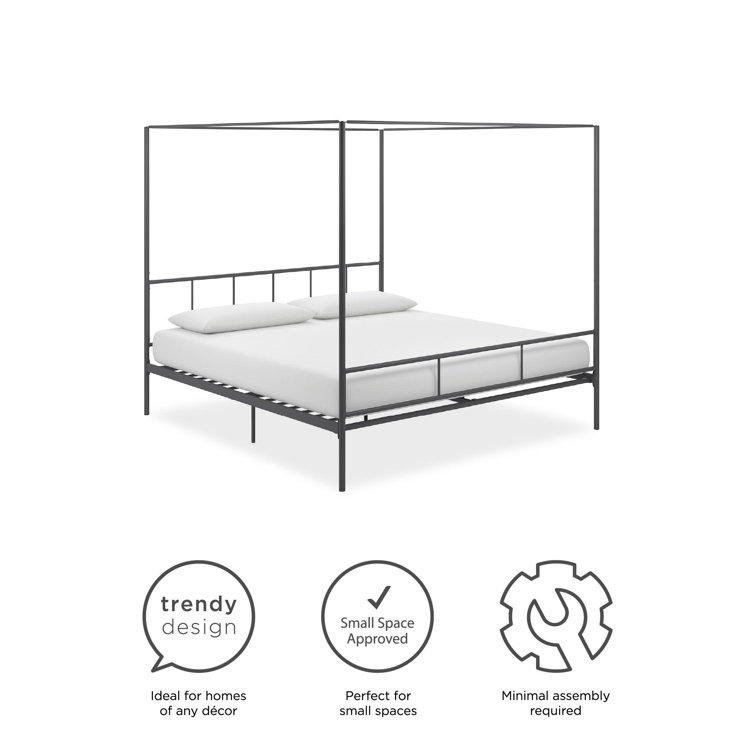 King Size Dark Gray Metal Canopy Platform Bed with Headboard