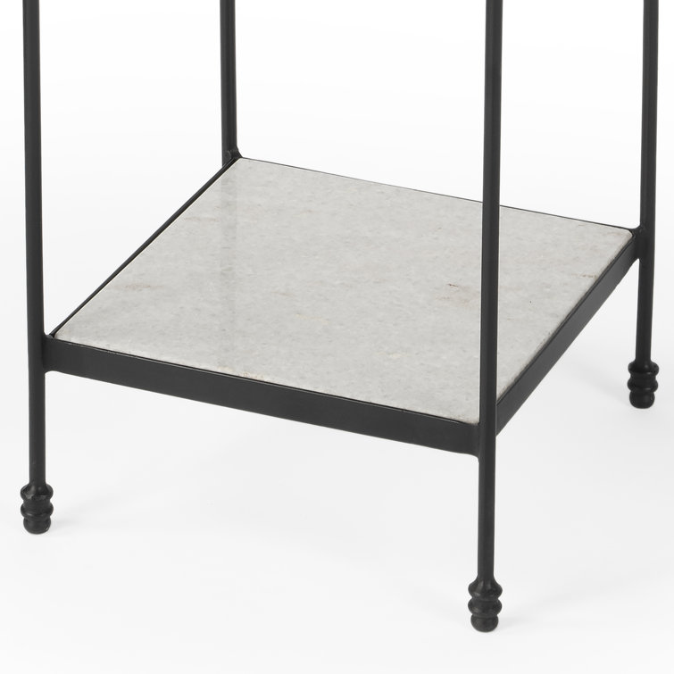 White Marble and Black Metal Square End Table with Shelf