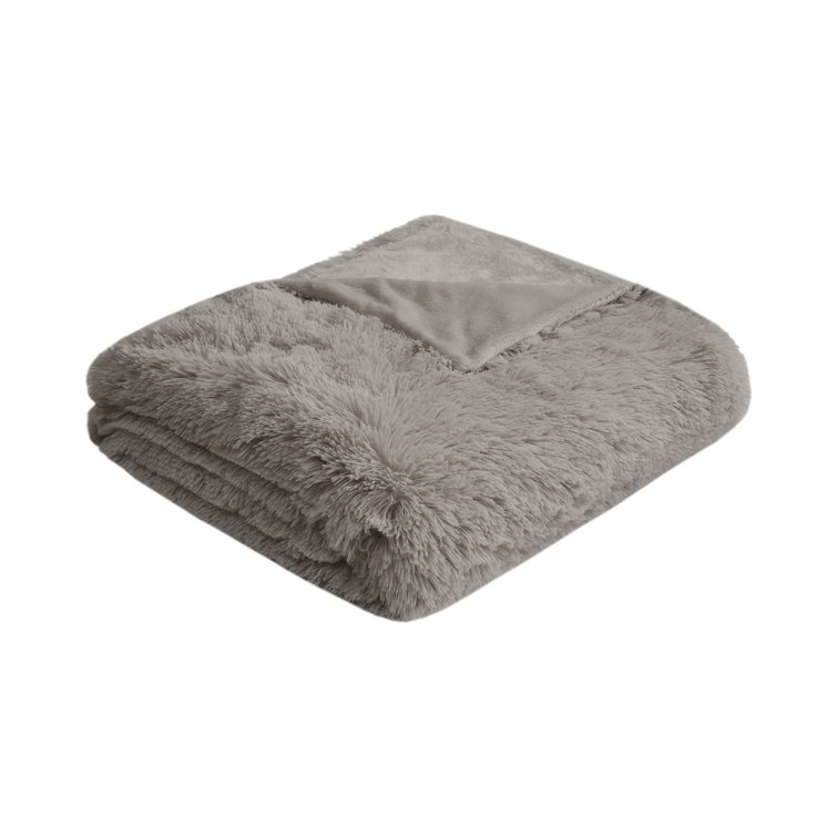 Gray Shaggy Faux Fur Twin Bedspread Cover Set