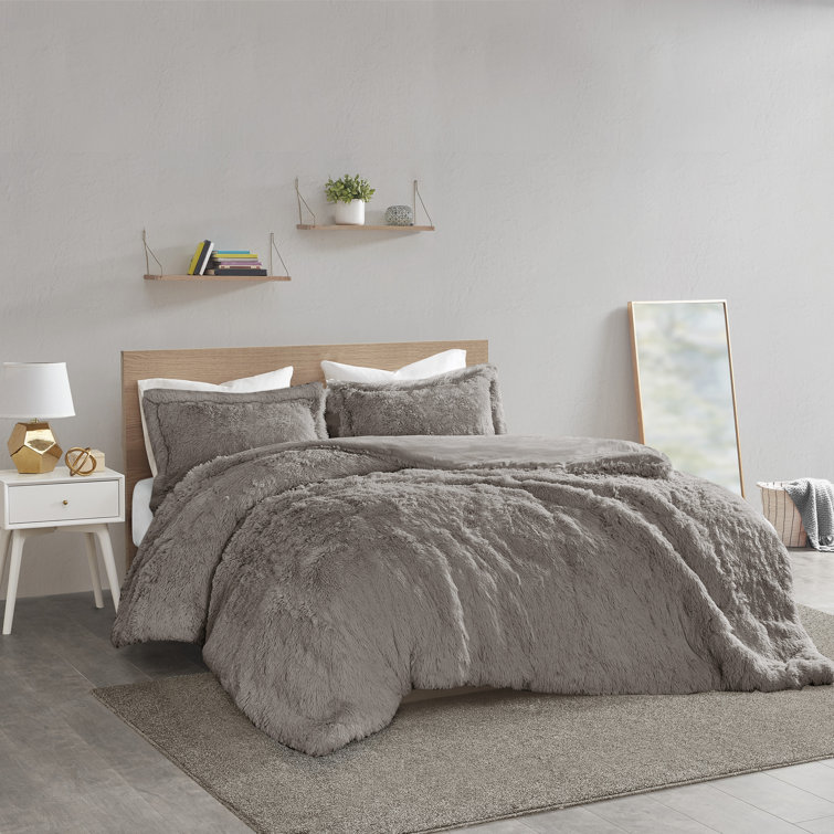 Gray Shaggy Faux Fur Twin Bedspread Cover Set