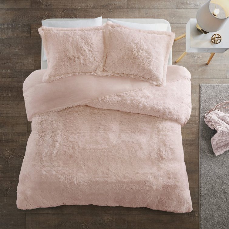 Blush Twin Shaggy Faux Fur Bedspread Cover Set