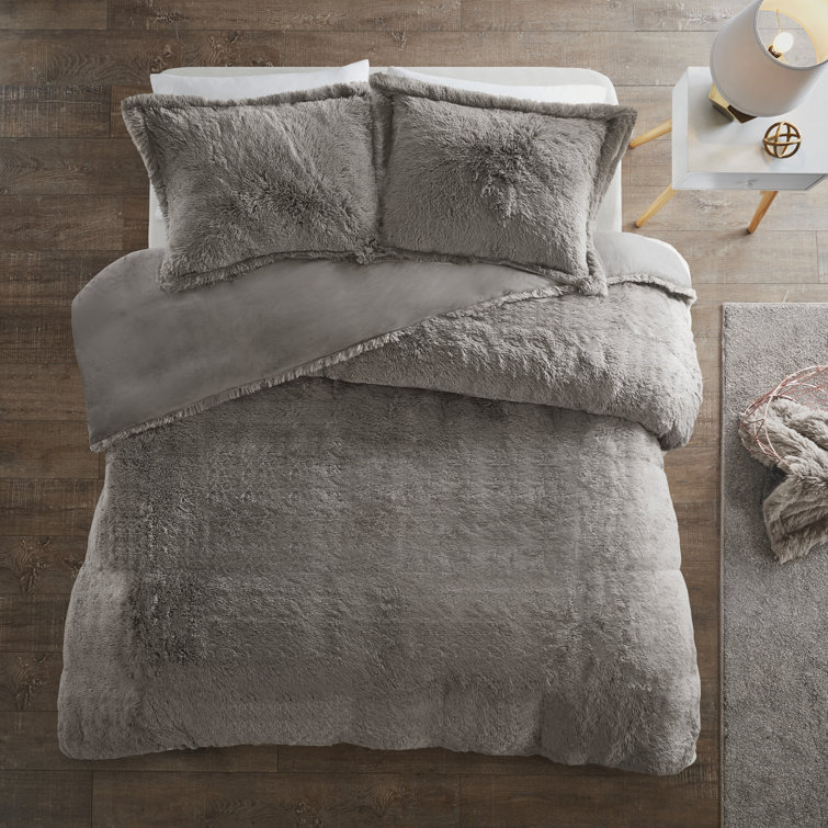 King Gray Shaggy Faux Fur Bedspread Cover Set