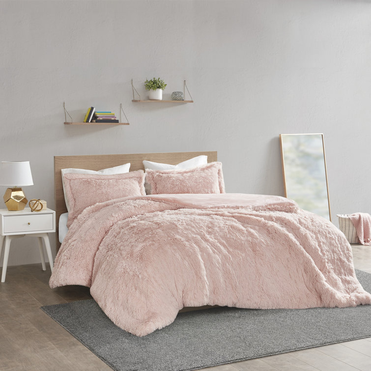 Blush Faux Fur Full/Queen Duvet Cover Set with Matching Shams