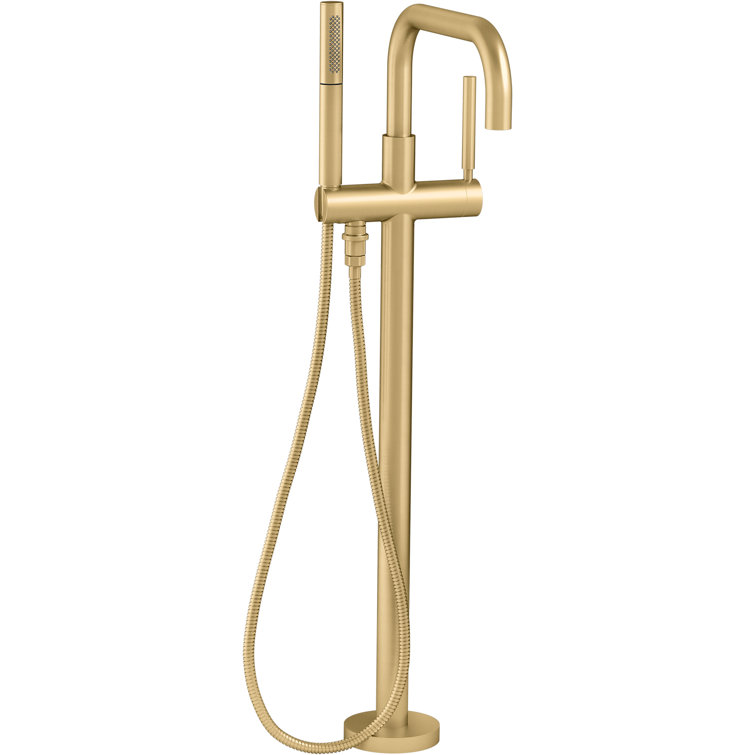 Vibrant Brushed Brass Floor-Mount Bath Filler with Handshower