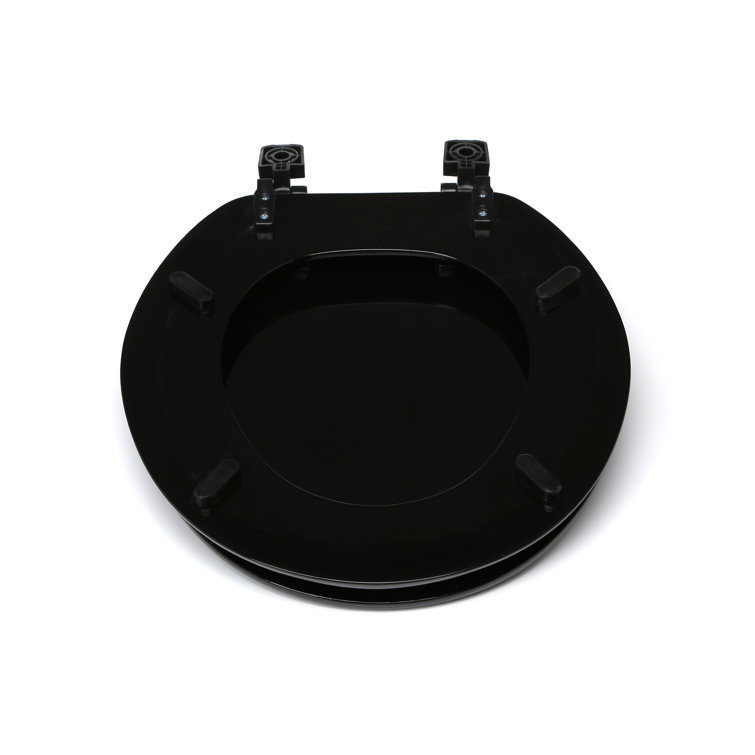 Solid Black Wood Round Toilet Seat with Non-Slip Bumpers