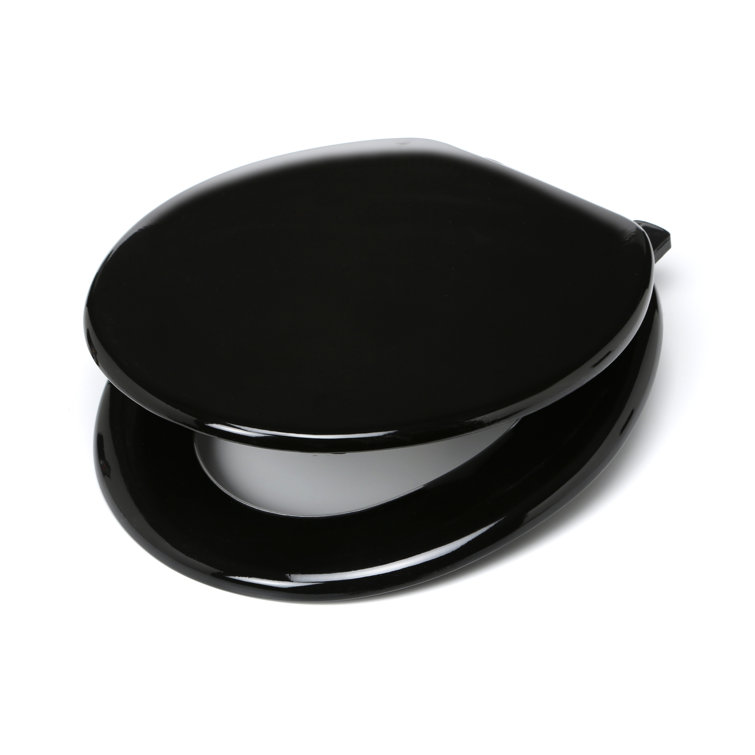 Solid Black Wood Round Toilet Seat with Non-Slip Bumpers