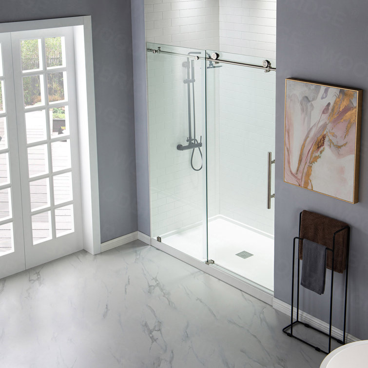 76” H Frameless Sliding Shower Door (56-60 Inch Adjustable Width) with Reversible Installation, Safety Glass, Anti-Splash Design