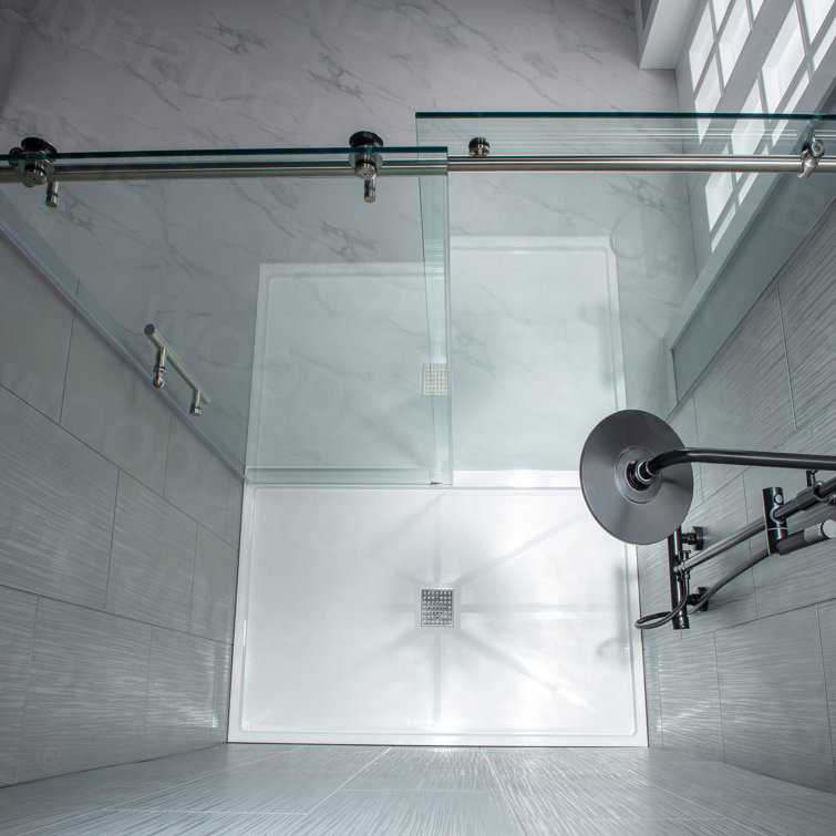 76” H Frameless Sliding Shower Door (56-60 Inch Adjustable Width) with Reversible Installation, Safety Glass, Anti-Splash Design