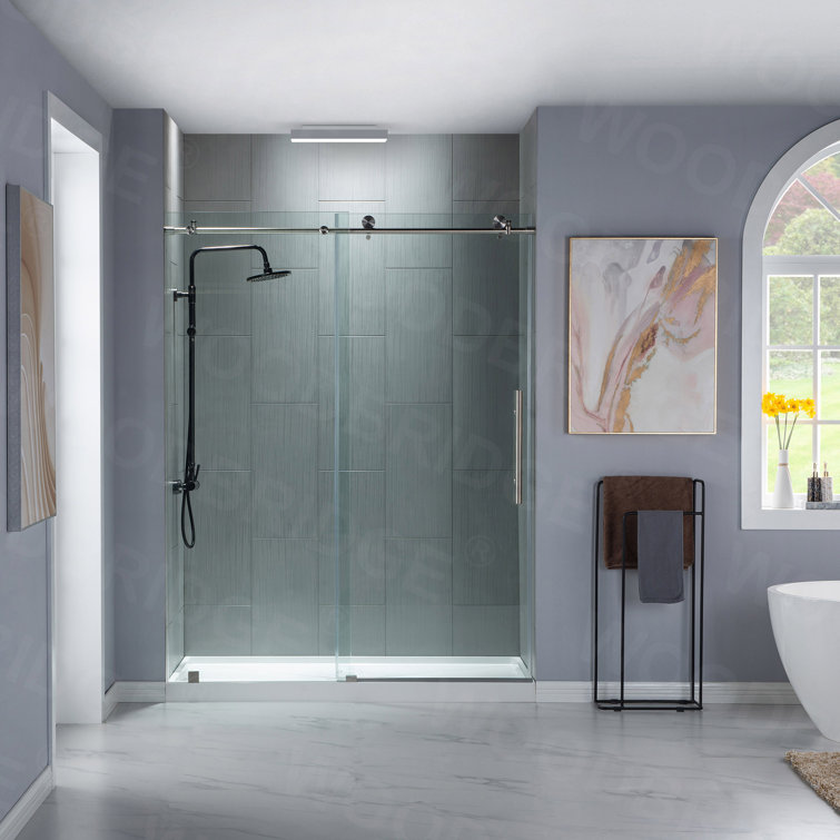 76” H Frameless Sliding Shower Door (56-60 Inch Adjustable Width) with Reversible Installation, Safety Glass, Anti-Splash Design