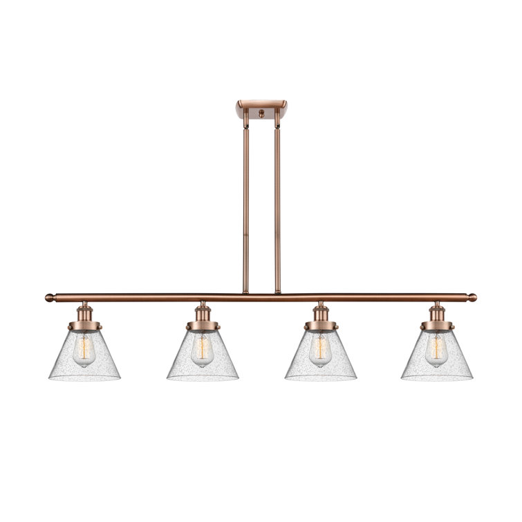 Seedy Glass Cone Shade 4-Light Island Pendant in Antique Copper