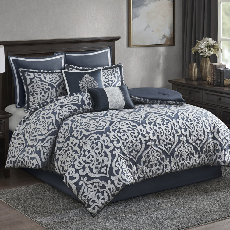 Navy and Silver Jacquard 8-Piece Queen Comforter Set