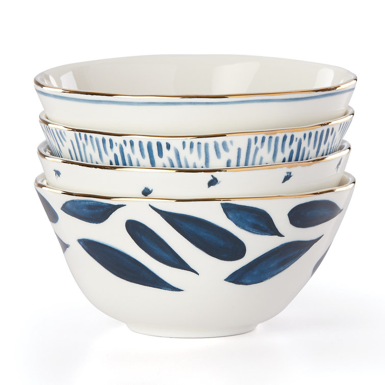 Blue and White Ceramic Dessert Bowls with Gold Rim, Set of 4
