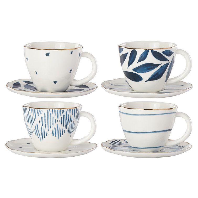 Blue and White Floral Geometric Espresso Cup and Saucer Set, 4-Piece