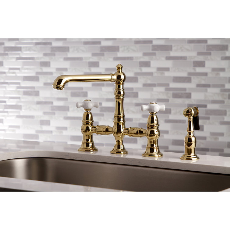 Polished Brass Victorian Bridge Kitchen Faucet with Side Sprayer