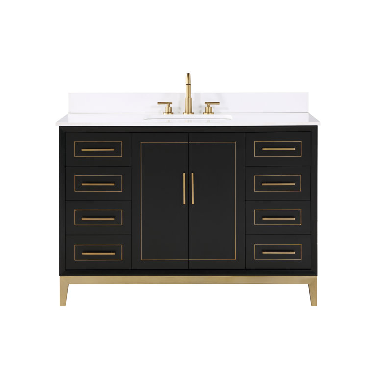 Midnight Black and White Quartz 48'' Bathroom Vanity with Brass Accents