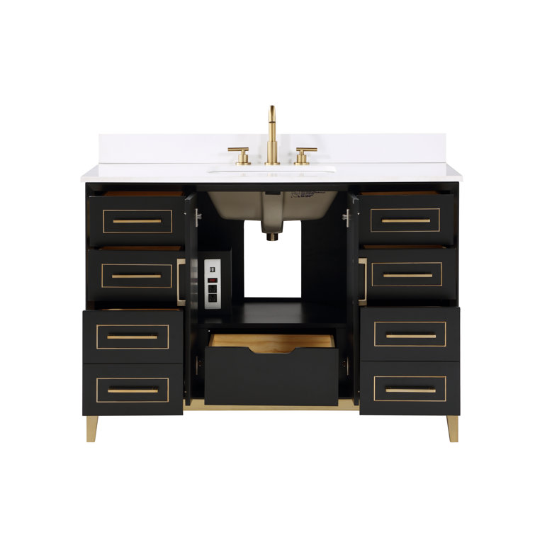 Midnight Black and White Quartz 48'' Bathroom Vanity with Brass Accents