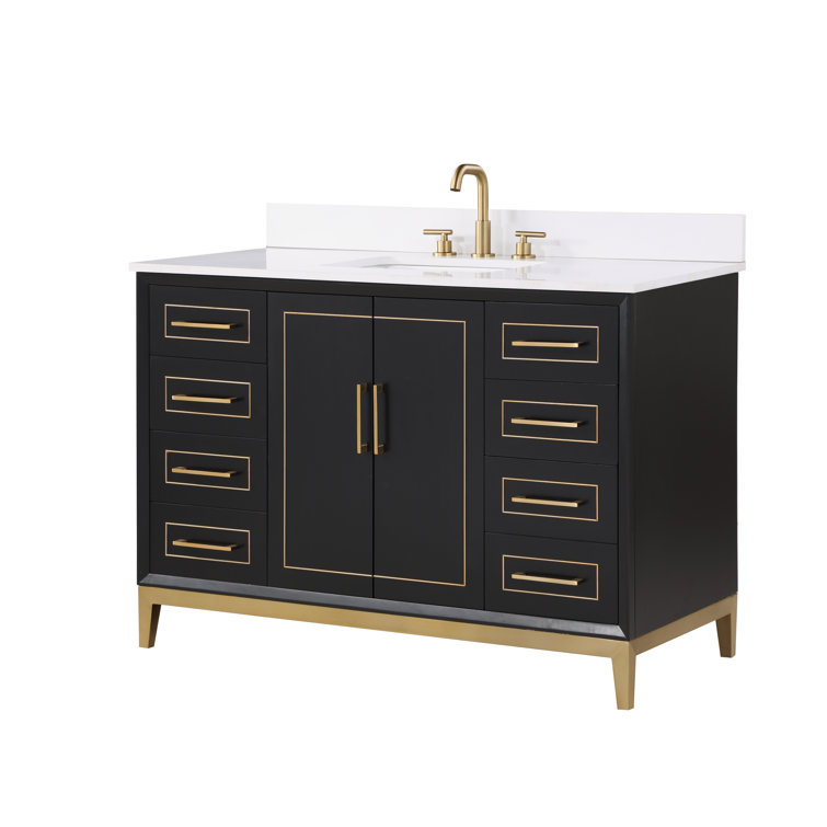 Midnight Black and White Quartz 48'' Bathroom Vanity with Brass Accents