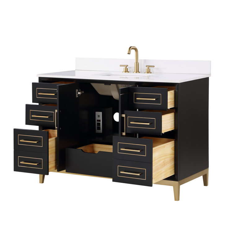 Midnight Black and White Quartz 48'' Bathroom Vanity with Brass Accents