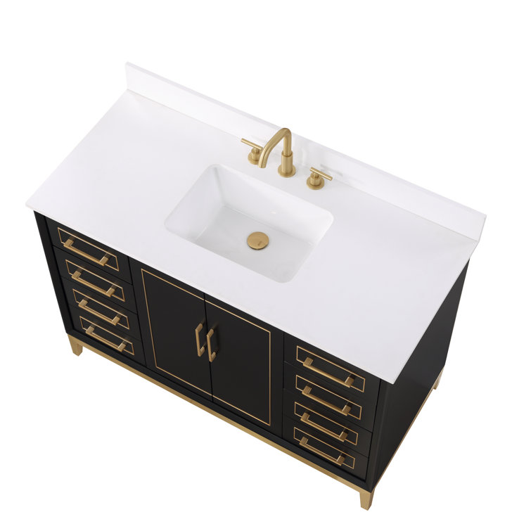 Midnight Black and White Quartz 48'' Bathroom Vanity with Brass Accents