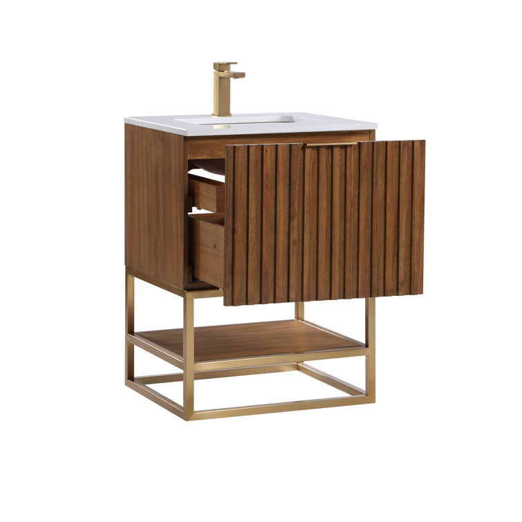 Terra Walnut 24'' Freestanding Bathroom Vanity with Satin Brass Frame