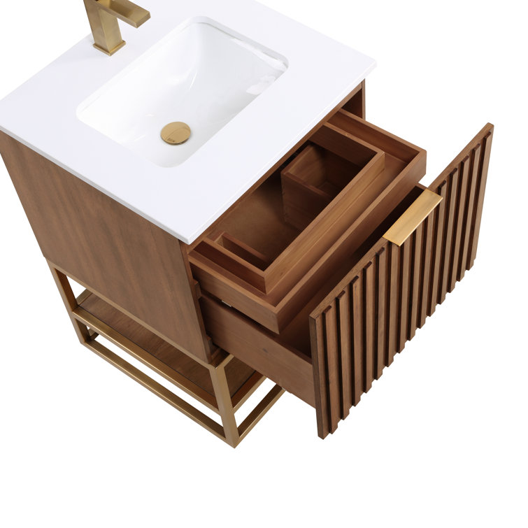 Terra Walnut 24'' Freestanding Bathroom Vanity with Satin Brass Frame