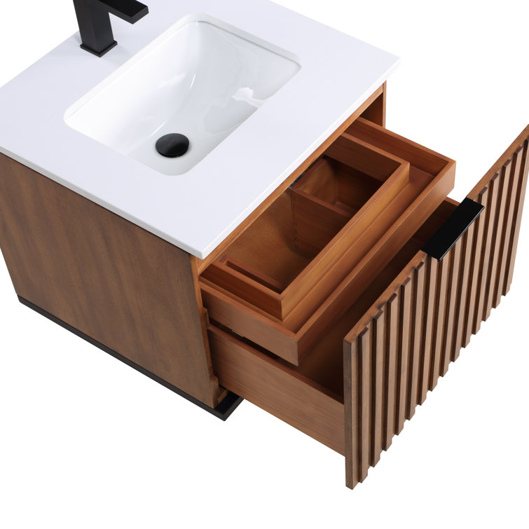 Walnut Matte Black Single Bathroom Vanity with White Quartz Top